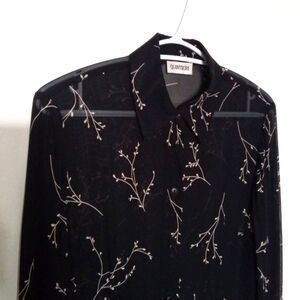 Quintieri Women's Black Sheer With Floral Print Long Sleeve Button Up Shirt Med